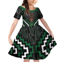 Maori Taiaha Pounamu Whakairo Personalized Family Matching Off Shoulder Short Dress and Hawaiian Shirt Jade Poutama Motifs LT7 Daughter's Dress Jade - Polynesian Pride