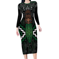 Maori Taiaha Pounamu Whakairo Personalized Long Sleeve Bodycon Dress Jade Poutama Motifs LT7 Long Dress Jade - Polynesian Pride