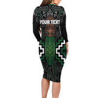 Maori Taiaha Pounamu Whakairo Personalized Long Sleeve Bodycon Dress Jade Poutama Motifs LT7 - Polynesian Pride