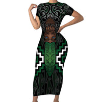 Maori Taiaha Pounamu Whakairo Personalized Short Sleeve Bodycon Dress Jade Poutama Motifs LT7 Long Dress Jade - Polynesian Pride