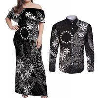 Black Kuki Airani Tapakau Couples Matching Off Shoulder Maxi Dress and Long Sleeve Button Shirt Tribal Anchor Mix Tiare LT7 Black - Polynesian Pride