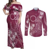 Maroon Kuki Airani Tapakau Couples Matching Off Shoulder Maxi Dress and Long Sleeve Button Shirt Tribal Anchor Mix Tiare LT7 Maroon - Polynesian Pride