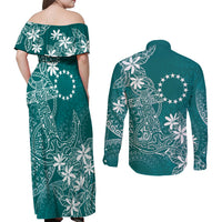 Teal Kuki Airani Tapakau Couples Matching Off Shoulder Maxi Dress and Long Sleeve Button Shirt Tribal Anchor Mix Tiare LT7 - Polynesian Pride