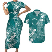 Teal Kuki Airani Tapakau Couples Matching Short Sleeve Bodycon Dress and Hawaiian Shirt Tribal Anchor Mix Tiare LT7 Teal - Polynesian Pride
