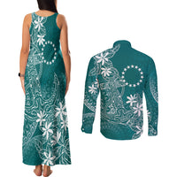 Teal Kuki Airani Tapakau Couples Matching Tank Maxi Dress and Long Sleeve Button Shirt Tribal Anchor Mix Tiare LT7 - Polynesian Pride