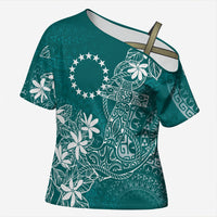 Teal Kuki Airani Tapakau Cross Shoulder Shirt Tribal Anchor Mix Tiare