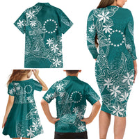 Teal Kuki Airani Tapakau Family Matching Long Sleeve Bodycon Dress and Hawaiian Shirt Tribal Anchor Mix Tiare LT7 - Polynesian Pride