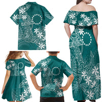 Teal Kuki Airani Tapakau Family Matching Off Shoulder Maxi Dress and Hawaiian Shirt Tribal Anchor Mix Tiare LT7 - Polynesian Pride