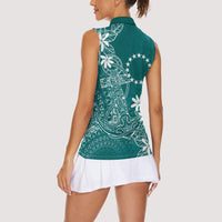 Teal Kuki Airani Tapakau Women Sleeveless Polo Shirt Tribal Anchor Mix Tiare LT7 - Polynesian Pride