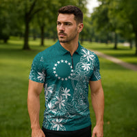 Teal Kuki Airani Tapakau Zipper Polo Shirt Tribal Anchor Mix Tiare LT7 - Polynesian Pride
