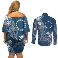 Navy Kuki Airani Tapakau Couples Matching Off Shoulder Short Dress and Long Sleeve Button Shirt Tribal Anchor Mix Tiare LT7 - Polynesian Pride
