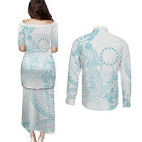 Turquoise Kuki Airani Tapakau Couples Matching Puletasi and Long Sleeve Button Shirt Tribal Anchor Mix Tiare LT7 - Polynesian Pride