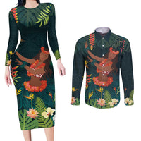 Hawaii Hula Girl Vintage Couples Matching Long Sleeve Bodycon Dress and Long Sleeve Button Shirt Tropical Forest LT7 Colorful - Polynesian Pride