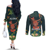 Hawaii Hula Girl Vintage Couples Matching Off The Shoulder Long Sleeve Dress and Long Sleeve Button Shirt Tropical Forest LT7 - Polynesian Pride