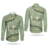 Hawaii Molokai Island Flowers Lei Couples Matching Long Sleeve Bodycon Dress and Long Sleeve Button Shirt Kukui Nut Mossy Green