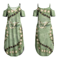 Hawaii Molokai Island Flowers Lei Couples Matching Summer Maxi Dress and Hawaiian Shirt Kukui Nut Mossy Green