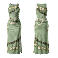 Hawaii Molokai Island Flowers Lei Couples Matching Tank Maxi Dress and Hawaiian Shirt Kukui Nut Mossy Green