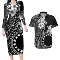 Kia Orana Cook Islands Couples Matching Long Sleeve Bodycon Dress and Hawaiian Shirt Tiare and Stars LT7 Black - Polynesian Pride