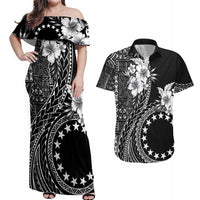Kia Orana Cook Islands Couples Matching Off Shoulder Maxi Dress and Hawaiian Shirt Tiare and Stars LT7 Black - Polynesian Pride