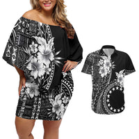 Kia Orana Cook Islands Couples Matching Off Shoulder Short Dress and Hawaiian Shirt Tiare and Stars LT7 Black - Polynesian Pride