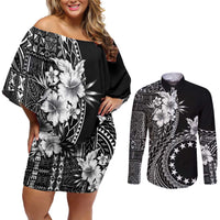Kia Orana Cook Islands Couples Matching Off Shoulder Short Dress and Long Sleeve Button Shirt Tiare and Stars LT7 Black - Polynesian Pride