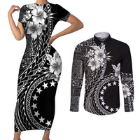 Kia Orana Cook Islands Couples Matching Short Sleeve Bodycon Dress and Long Sleeve Button Shirt Tiare and Stars LT7 Black - Polynesian Pride