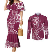 Kia Orana Cook Islands Couples Matching Mermaid Dress and Long Sleeve Button Shirt Tiare and Stars - Maroon LT7 Maroon - Polynesian Pride