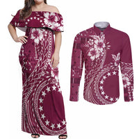 Kia Orana Cook Islands Couples Matching Off Shoulder Maxi Dress and Long Sleeve Button Shirt Tiare and Stars - Maroon LT7 Maroon - Polynesian Pride
