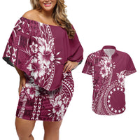 Kia Orana Cook Islands Couples Matching Off Shoulder Short Dress and Hawaiian Shirt Tiare and Stars - Maroon LT7 Maroon - Polynesian Pride