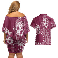 Kia Orana Cook Islands Couples Matching Off Shoulder Short Dress and Hawaiian Shirt Tiare and Stars - Maroon LT7 - Polynesian Pride