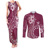 Kia Orana Cook Islands Couples Matching Tank Maxi Dress and Long Sleeve Button Shirt Tiare and Stars - Maroon LT7 Maroon - Polynesian Pride