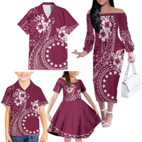 Kia Orana Cook Islands Family Matching Off The Shoulder Long Sleeve Dress and Hawaiian Shirt Tiare and Stars - Maroon LT7 - Polynesian Pride