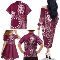 Kia Orana Cook Islands Family Matching Off The Shoulder Long Sleeve Dress and Hawaiian Shirt Tiare and Stars - Maroon LT7 - Polynesian Pride