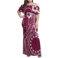 Kia Orana Cook Islands Family Matching Off Shoulder Maxi Dress and Hawaiian Shirt Tiare and Stars - Maroon LT7 Mom's Dress Maroon - Polynesian Pride
