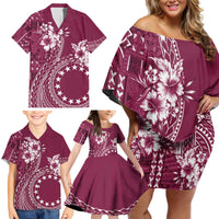 Kia Orana Cook Islands Family Matching Off Shoulder Short Dress and Hawaiian Shirt Tiare and Stars - Maroon LT7 - Polynesian Pride