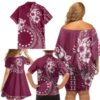 Kia Orana Cook Islands Family Matching Off Shoulder Short Dress and Hawaiian Shirt Tiare and Stars - Maroon LT7 - Polynesian Pride