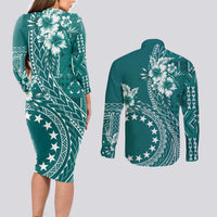 Kia Orana Cook Islands Couples Matching Long Sleeve Bodycon Dress and Long Sleeve Button Shirt Tiare and Stars - Teal LT7 - Polynesian Pride
