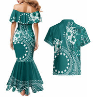 Kia Orana Cook Islands Couples Matching Mermaid Dress and Hawaiian Shirt Tiare and Stars - Teal LT7 - Polynesian Pride