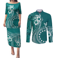 Kia Orana Cook Islands Couples Matching Puletasi and Long Sleeve Button Shirt Tiare and Stars - Teal LT7 Teal - Polynesian Pride