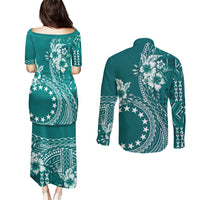 Kia Orana Cook Islands Couples Matching Puletasi and Long Sleeve Button Shirt Tiare and Stars - Teal LT7 - Polynesian Pride