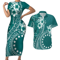 Kia Orana Cook Islands Couples Matching Short Sleeve Bodycon Dress and Hawaiian Shirt Tiare and Stars - Teal LT7 Teal - Polynesian Pride