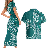 Kia Orana Cook Islands Couples Matching Short Sleeve Bodycon Dress and Hawaiian Shirt Tiare and Stars - Teal LT7 - Polynesian Pride
