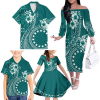 Kia Orana Cook Islands Family Matching Off The Shoulder Long Sleeve Dress and Hawaiian Shirt Tiare and Stars - Teal LT7 - Polynesian Pride