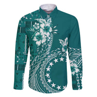 Kia Orana Cook Islands Family Matching Off The Shoulder Long Sleeve Dress and Hawaiian Shirt Tiare and Stars - Teal LT7 Dad's Shirt - Long Sleeve Teal - Polynesian Pride