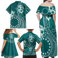 Kia Orana Cook Islands Family Matching Off Shoulder Maxi Dress and Hawaiian Shirt Tiare and Stars - Teal LT7 - Polynesian Pride