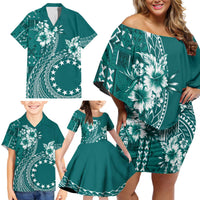 Kia Orana Cook Islands Family Matching Off Shoulder Short Dress and Hawaiian Shirt Tiare and Stars - Teal LT7 - Polynesian Pride