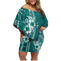 Kia Orana Cook Islands Family Matching Off Shoulder Short Dress and Hawaiian Shirt Tiare and Stars - Teal LT7 Mom's Dress Teal - Polynesian Pride