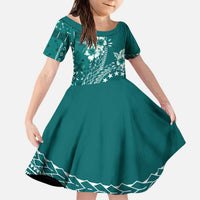 Kia Orana Cook Islands Family Matching Puletasi and Hawaiian Shirt Tiare and Stars - Teal LT7 Daughter's Dress Teal - Polynesian Pride