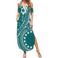 Kia Orana Cook Islands Family Matching Summer Maxi Dress and Hawaiian Shirt Tiare and Stars - Teal LT7 Mom's Dress Teal - Polynesian Pride