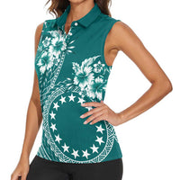 Kia Orana Cook Islands Women Sleeveless Polo Shirt Tiare and Stars - Teal LT7 - Polynesian Pride